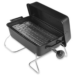 Char-Broil Portable Gas Grill (Standard version) with lid hanging off hooks