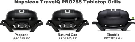 Three different table top versions of the Napoleon TravelQ PRO285. LP gas, natural gas, and electric.